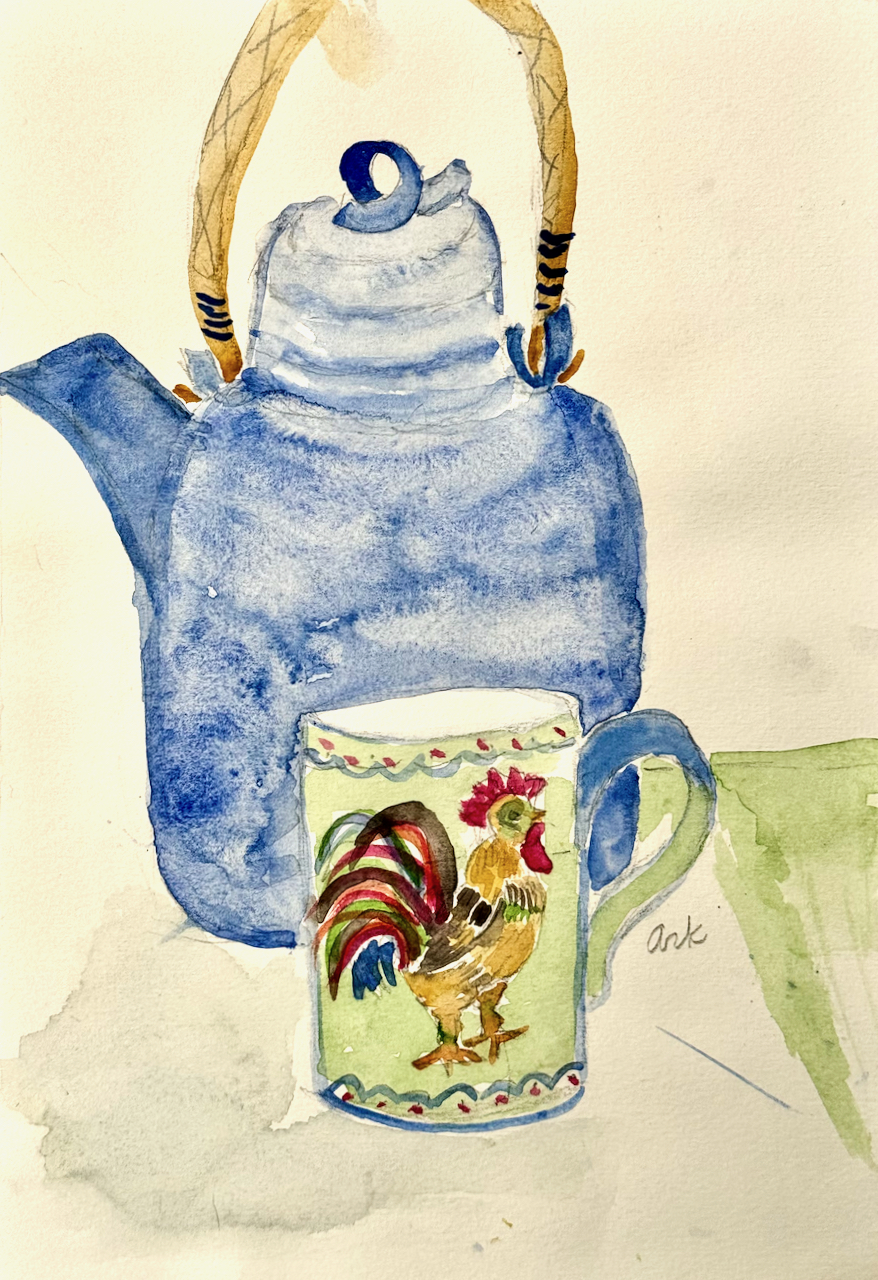 Blue Teapot and Rooster, by Anna Ruth Kipping